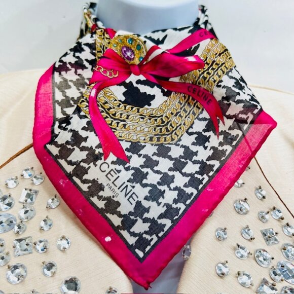 Unsed Celine , Cotton/Silk Mini Scar 19" white black gold bow pink bow trim(34) - Picture 5 of 8